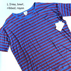 Large Lularoe Irma oversized tunic, blue and maroon stripes, rayon